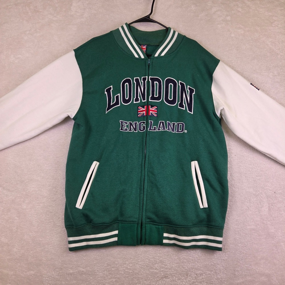 London England Varsity Jacket Green White Zip Up Sweatshirt Souvenir Mens XL